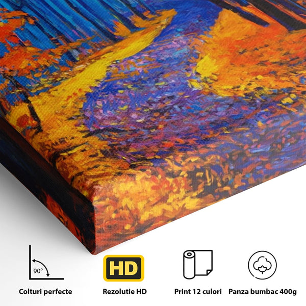 Tablou Canvas Premium LuxCanva® A1246, The Orange Forest , Decorativ, Living, Padure, Portocaliu, Poteca, Natura, Albastru, Dormitor, Culori Vibrante