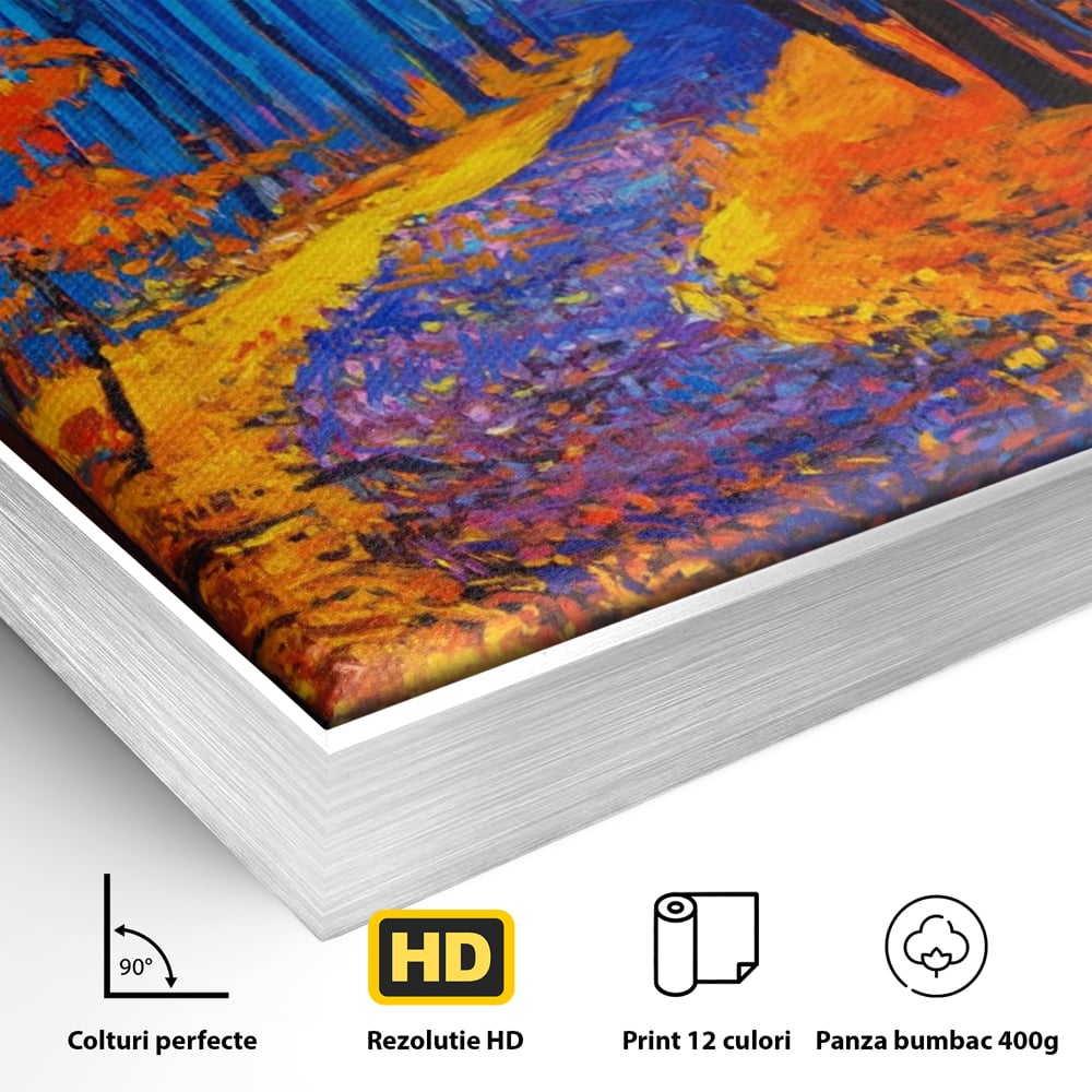 Tablou Canvas Premium LuxCanva® A1246, The Orange Forest , Decorativ, Living, Padure, Portocaliu, Poteca, Natura, Albastru, Dormitor, Culori Vibrante