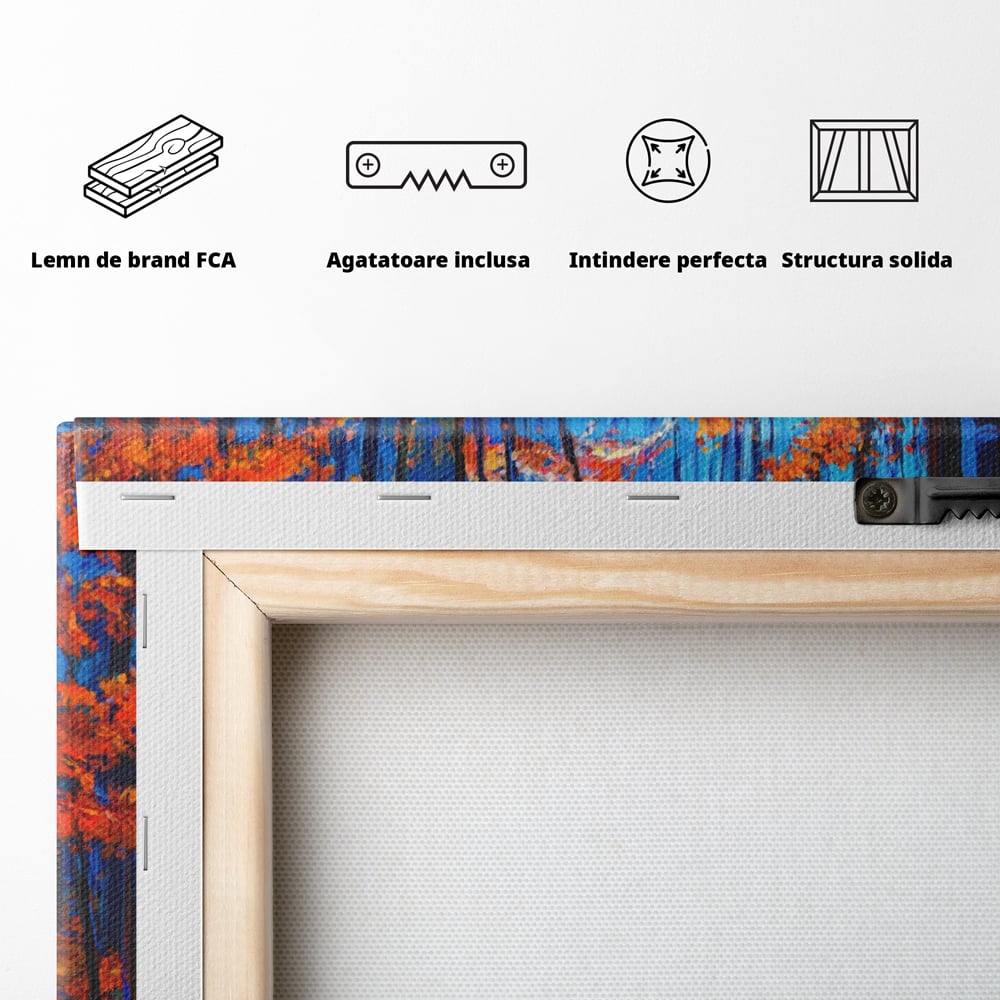 Tablou Canvas Premium LuxCanva® A1246, The Orange Forest , Decorativ, Living, Padure, Portocaliu, Poteca, Natura, Albastru, Dormitor, Culori Vibrante