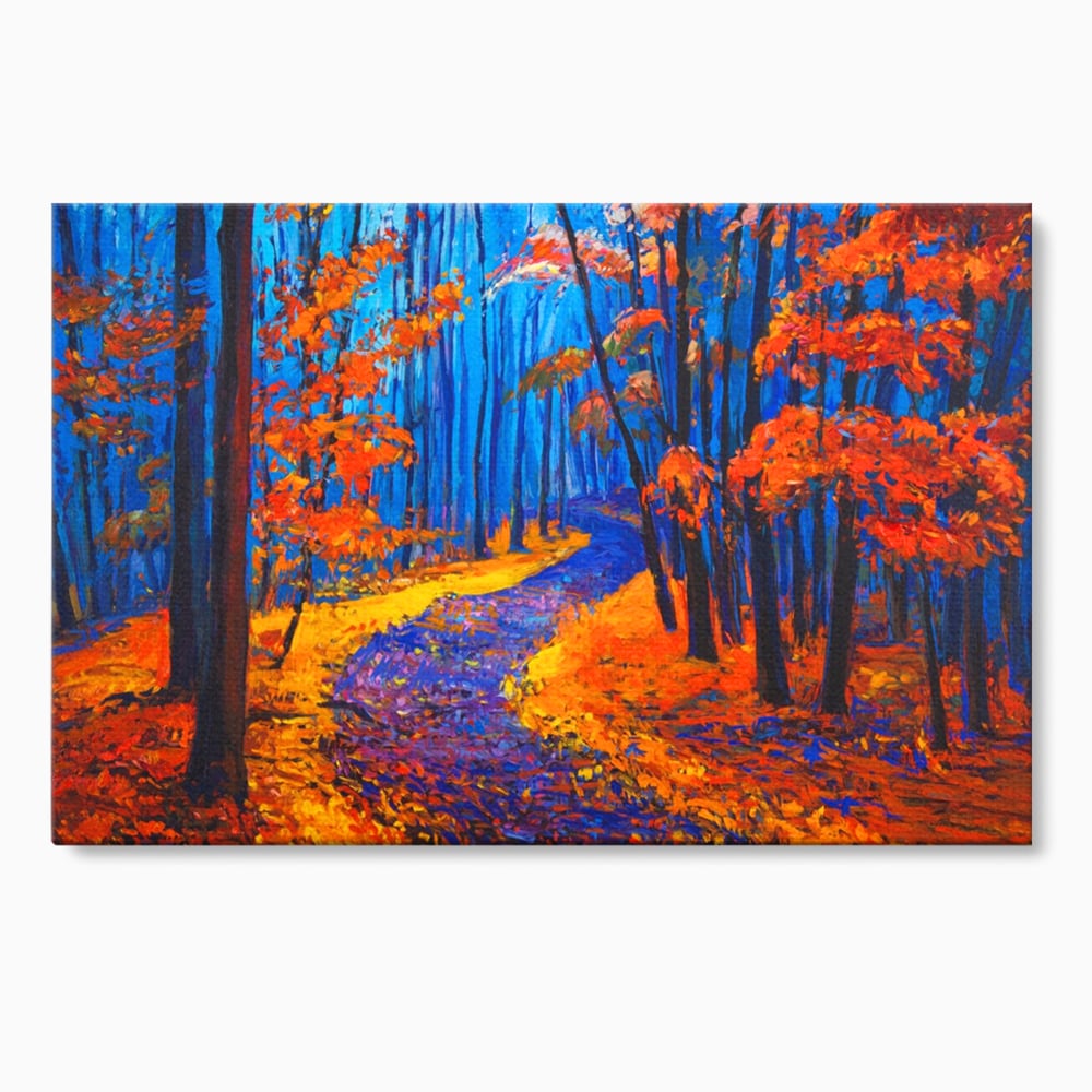 Tablou Canvas Premium LuxCanva® A1246, The Orange Forest , Decorativ, Living, Padure, Portocaliu, Poteca, Natura, Albastru, Dormitor, Culori Vibrante