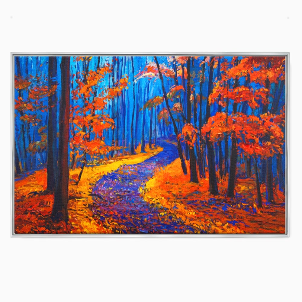 Tablou Canvas Premium LuxCanva® A1246, The Orange Forest , Decorativ, Living, Padure, Portocaliu, Poteca, Natura, Albastru, Dormitor, Culori Vibrante