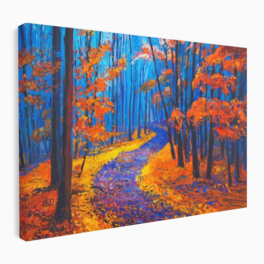 Tablou Canvas Premium LuxCanva® A1246, The Orange Forest , Decorativ, Living, Padure, Portocaliu, Poteca, Natura, Albastru, Dormitor, Culori Vibrante