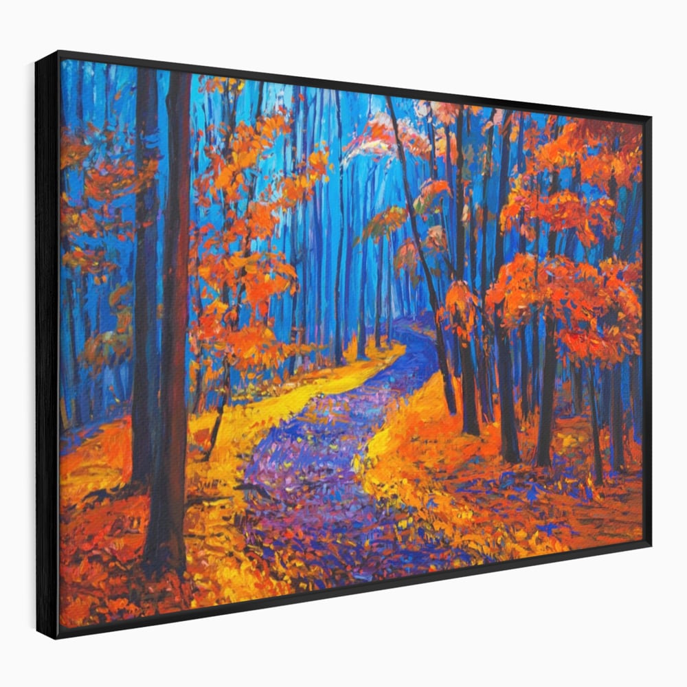 Tablou Canvas Premium LuxCanva® A1246, The Orange Forest , Decorativ, Living, Padure, Portocaliu, Poteca, Natura, Albastru, Dormitor, Culori Vibrante