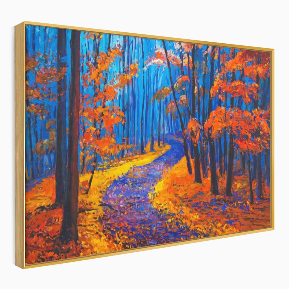 Tablou Canvas Premium LuxCanva® A1246, The Orange Forest , Decorativ, Living, Padure, Portocaliu, Poteca, Natura, Albastru, Dormitor, Culori Vibrante