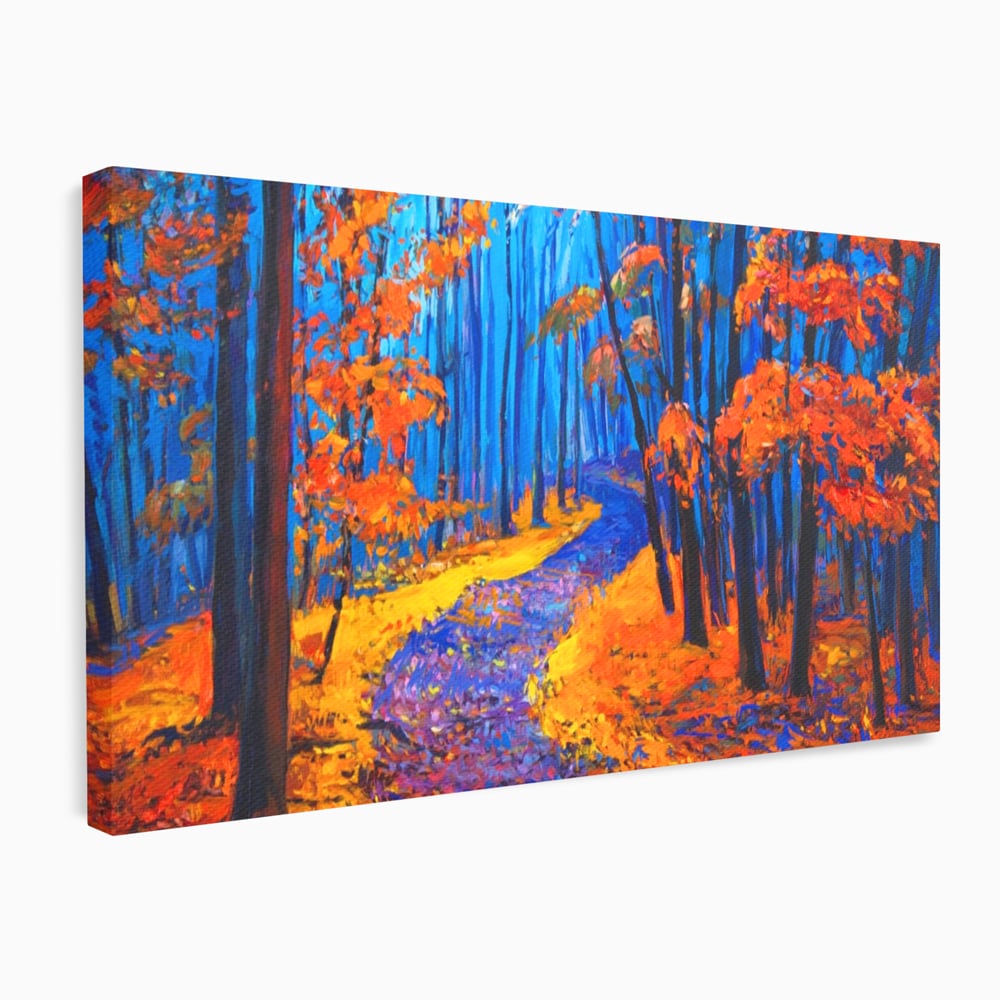 Tablou Canvas Premium LuxCanva® A1246, The Orange Forest , Decorativ, Living, Padure, Portocaliu, Poteca, Natura, Albastru, Dormitor, Culori Vibrante