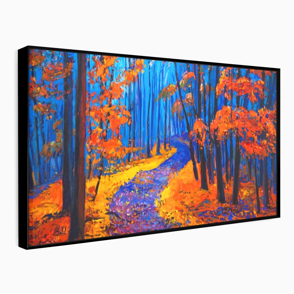 Tablou Canvas Premium LuxCanva® A1246, The Orange Forest , Decorativ, Living, Padure, Portocaliu, Poteca, Natura, Albastru, Dormitor, Culori Vibrante