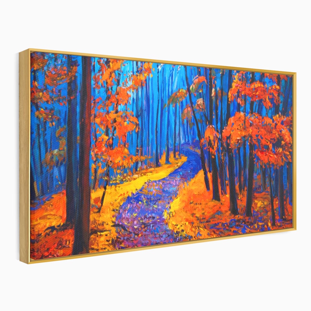 Tablou Canvas Premium LuxCanva® A1246, The Orange Forest , Decorativ, Living, Padure, Portocaliu, Poteca, Natura, Albastru, Dormitor, Culori Vibrante