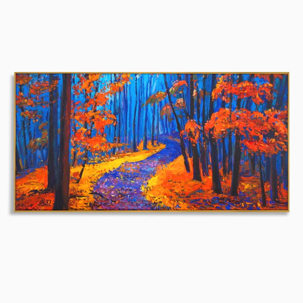 Tablou Canvas Premium LuxCanva® A1246, The Orange Forest , Decorativ, Living, Padure, Portocaliu, Poteca, Natura, Albastru, Dormitor, Culori Vibrante