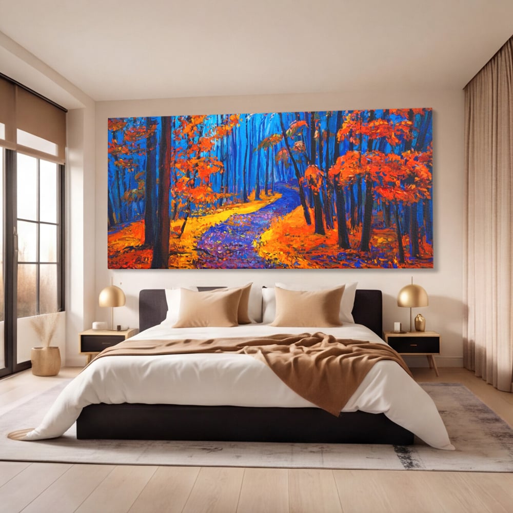 Tablou Canvas Premium LuxCanva® A1246, The Orange Forest , Decorativ, Living, Padure, Portocaliu, Poteca, Natura, Albastru, Dormitor, Culori Vibrante