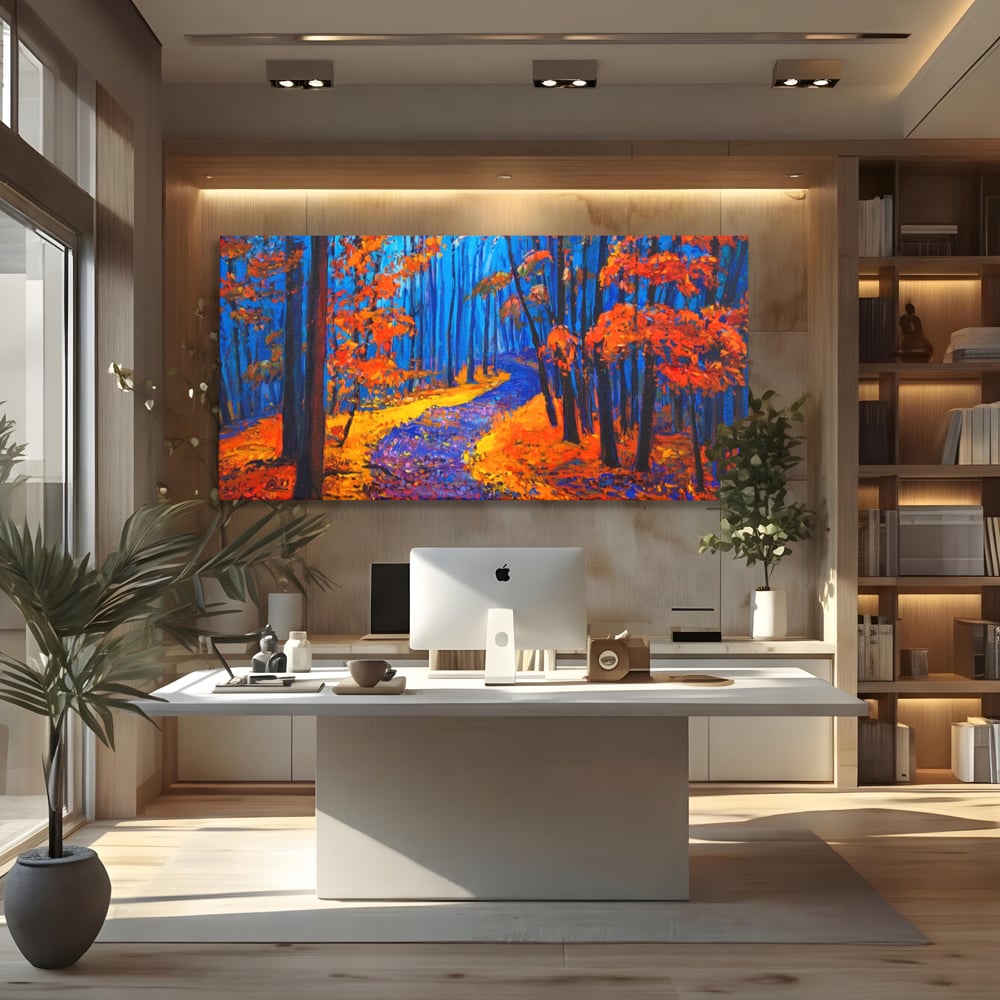 Tablou Canvas Premium LuxCanva® A1246, The Orange Forest , Decorativ, Living, Padure, Portocaliu, Poteca, Natura, Albastru, Dormitor, Culori Vibrante