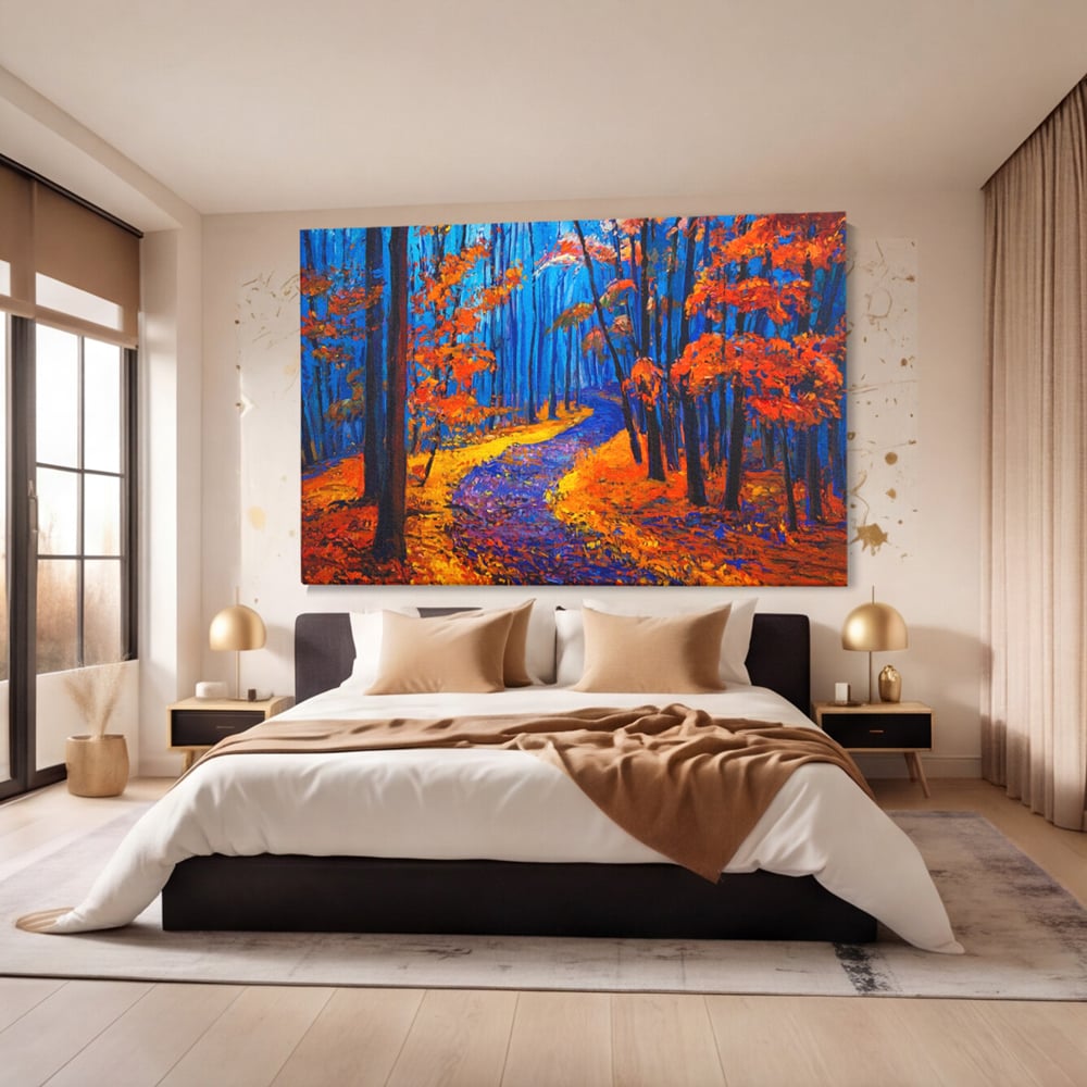 Tablou Canvas Premium LuxCanva® A1246, The Orange Forest , Decorativ, Living, Padure, Portocaliu, Poteca, Natura, Albastru, Dormitor, Culori Vibrante