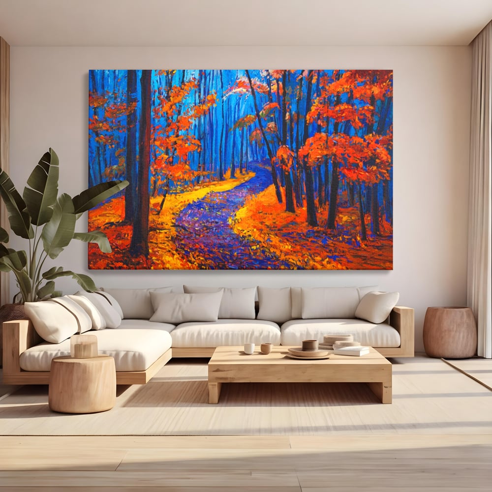 Tablou Canvas Premium LuxCanva® A1246, The Orange Forest , Decorativ, Living, Padure, Portocaliu, Poteca, Natura, Albastru, Dormitor, Culori Vibrante
