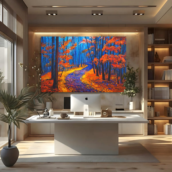 Tablou Canvas Premium LuxCanva® A1246, The Orange Forest , Decorativ, Living, Padure, Portocaliu, Poteca, Natura, Albastru, Dormitor, Culori Vibrante