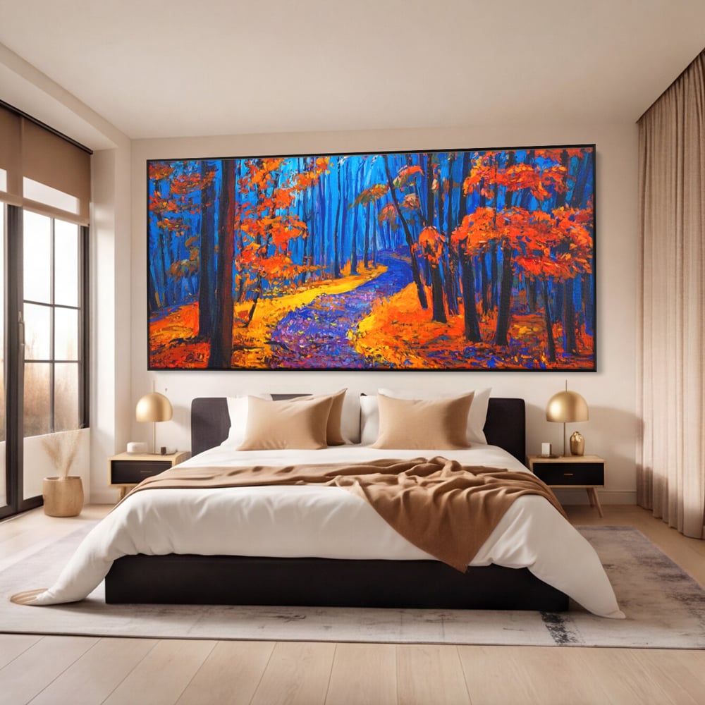Tablou Canvas Premium LuxCanva® A1246, The Orange Forest , Decorativ, Living, Padure, Portocaliu, Poteca, Natura, Albastru, Dormitor, Culori Vibrante