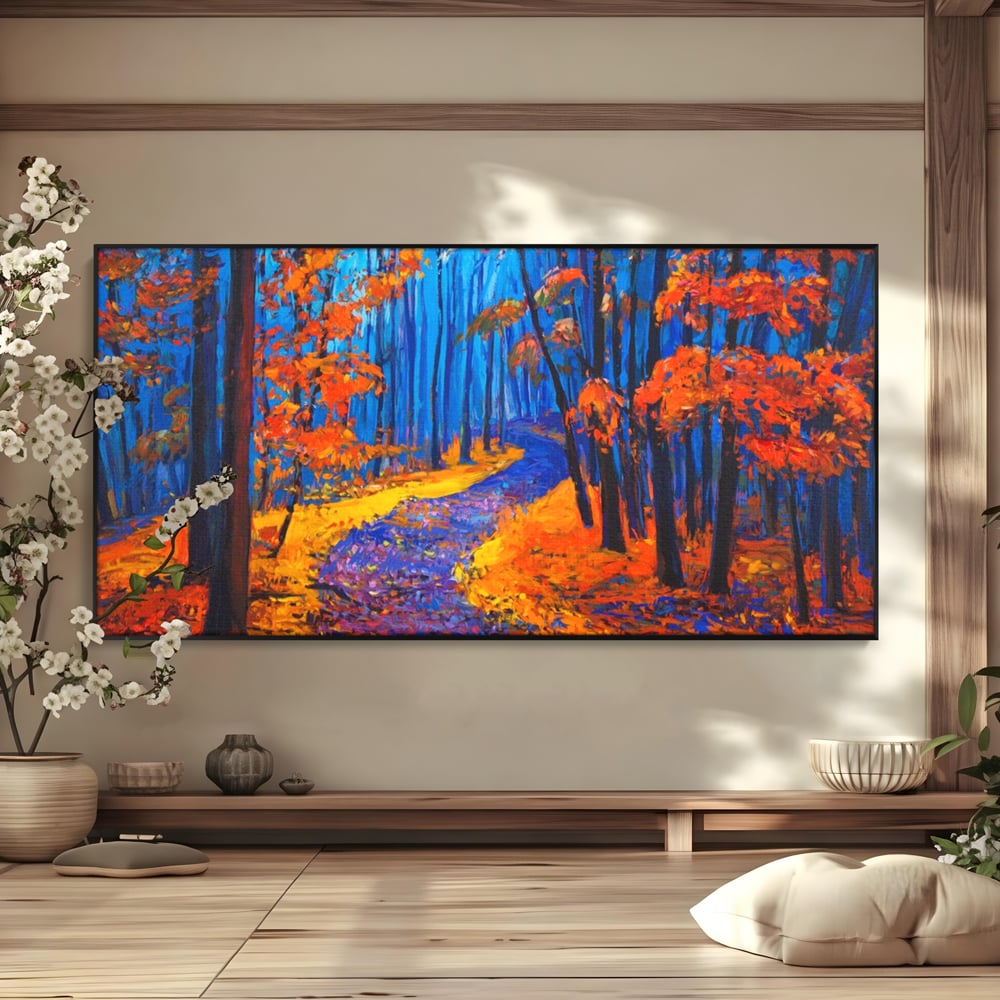 Tablou Canvas Premium LuxCanva® A1246, The Orange Forest , Decorativ, Living, Padure, Portocaliu, Poteca, Natura, Albastru, Dormitor, Culori Vibrante