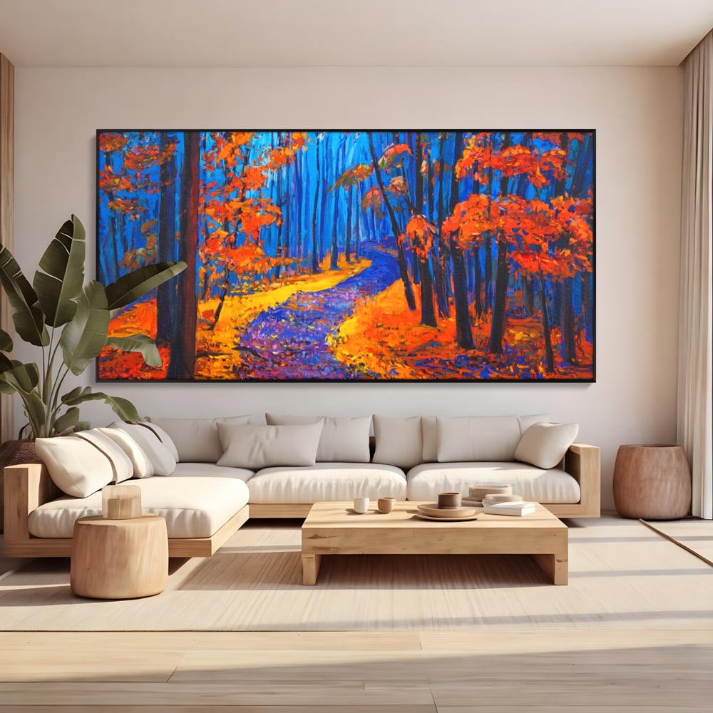 Tablou Canvas Premium LuxCanva® A1246, The Orange Forest , Decorativ, Living, Padure, Portocaliu, Poteca, Natura, Albastru, Dormitor, Culori Vibrante