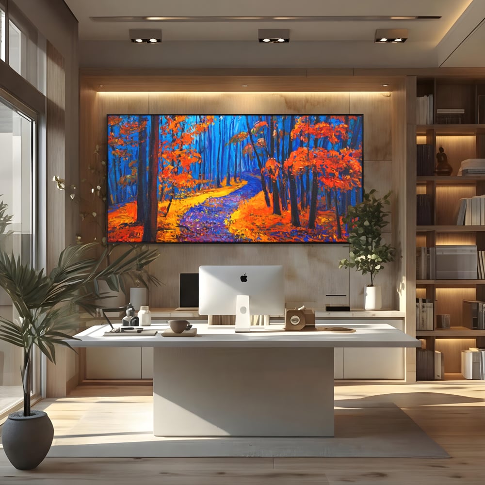 Tablou Canvas Premium LuxCanva® A1246, The Orange Forest , Decorativ, Living, Padure, Portocaliu, Poteca, Natura, Albastru, Dormitor, Culori Vibrante