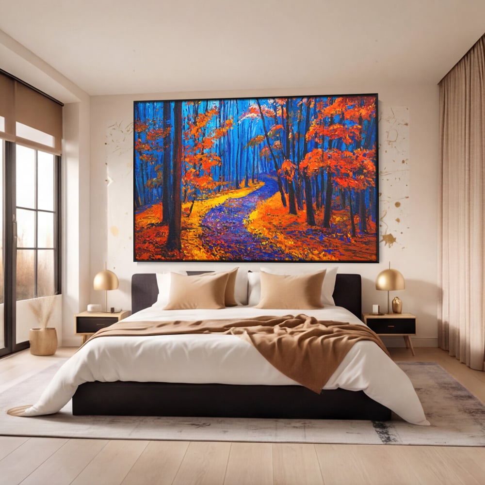 Tablou Canvas Premium LuxCanva® A1246, The Orange Forest , Decorativ, Living, Padure, Portocaliu, Poteca, Natura, Albastru, Dormitor, Culori Vibrante