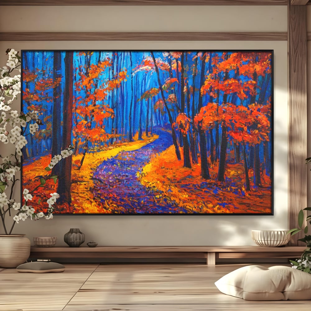 Tablou Canvas Premium LuxCanva® A1246, The Orange Forest , Decorativ, Living, Padure, Portocaliu, Poteca, Natura, Albastru, Dormitor, Culori Vibrante