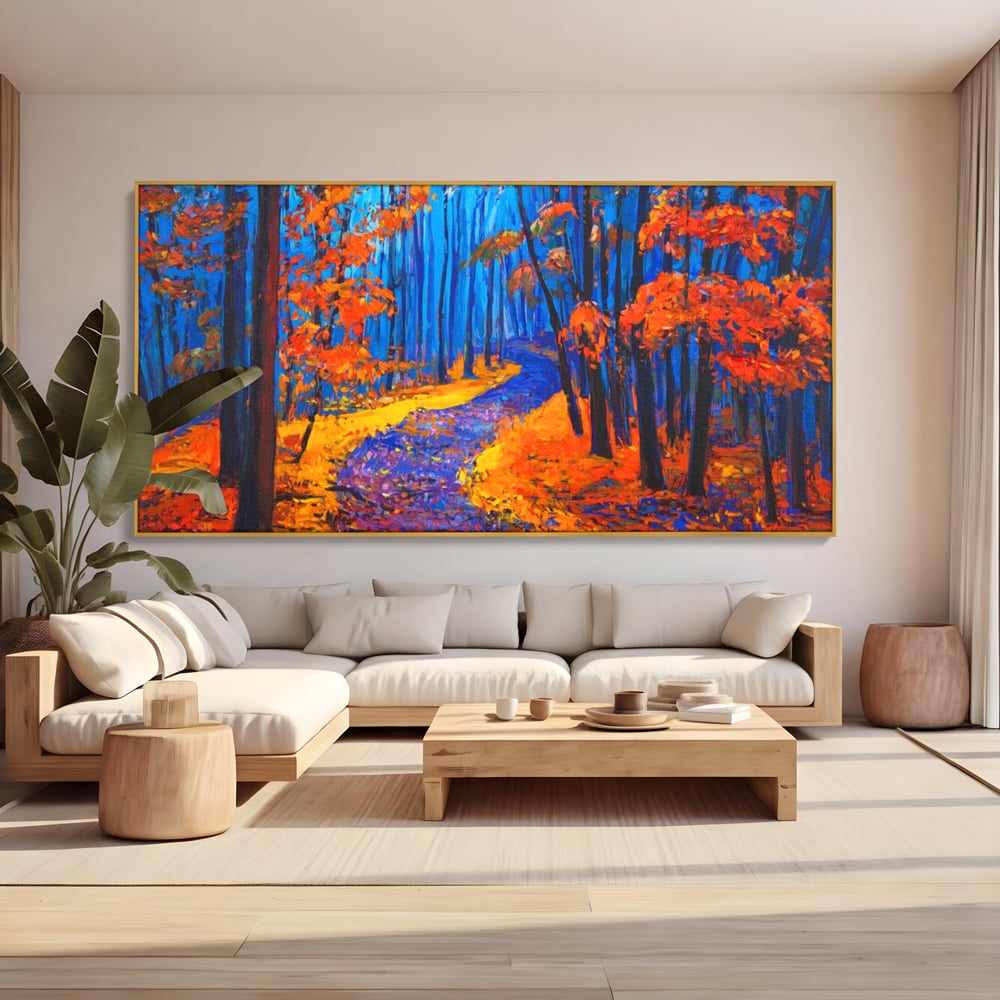Tablou Canvas Premium LuxCanva® A1246, The Orange Forest , Decorativ, Living, Padure, Portocaliu, Poteca, Natura, Albastru, Dormitor, Culori Vibrante