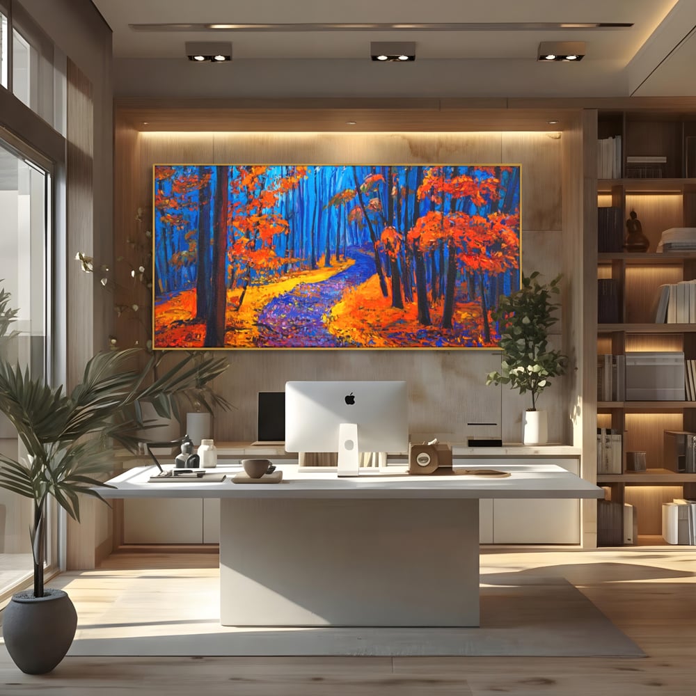 Tablou Canvas Premium LuxCanva® A1246, The Orange Forest , Decorativ, Living, Padure, Portocaliu, Poteca, Natura, Albastru, Dormitor, Culori Vibrante