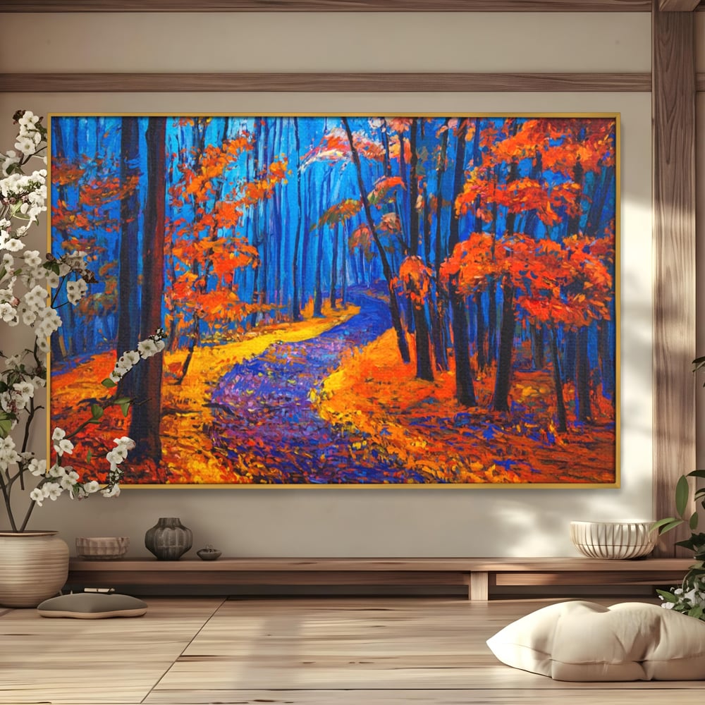 Tablou Canvas Premium LuxCanva® A1246, The Orange Forest , Decorativ, Living, Padure, Portocaliu, Poteca, Natura, Albastru, Dormitor, Culori Vibrante