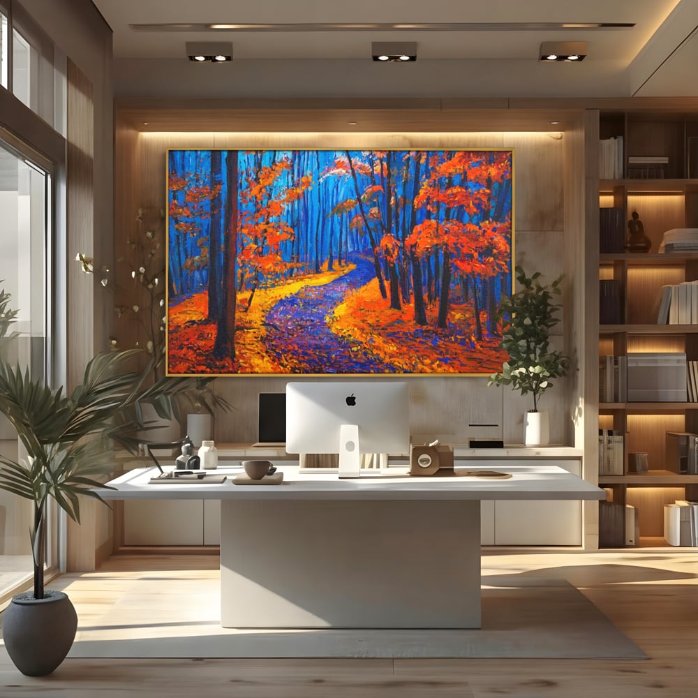 Tablou Canvas Premium LuxCanva® A1246, The Orange Forest , Decorativ, Living, Padure, Portocaliu, Poteca, Natura, Albastru, Dormitor, Culori Vibrante