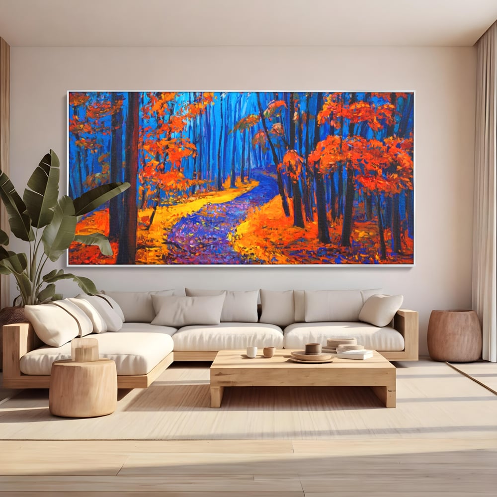 Tablou Canvas Premium LuxCanva® A1246, The Orange Forest , Decorativ, Living, Padure, Portocaliu, Poteca, Natura, Albastru, Dormitor, Culori Vibrante