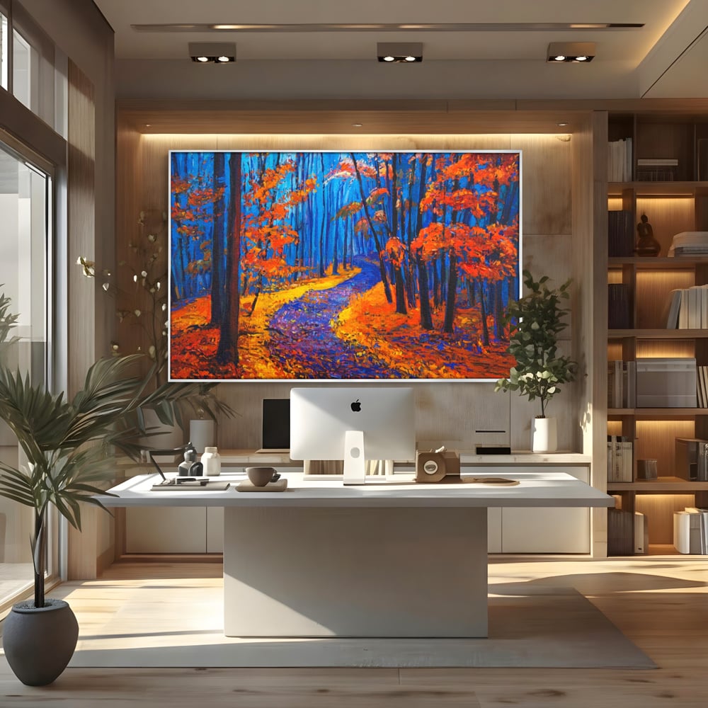 Tablou Canvas Premium LuxCanva® A1246, The Orange Forest , Decorativ, Living, Padure, Portocaliu, Poteca, Natura, Albastru, Dormitor, Culori Vibrante