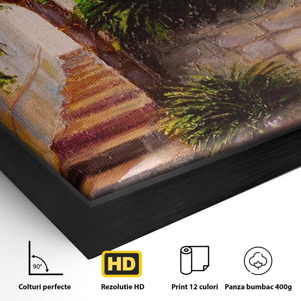 Leinwandbilder Premium LuxCanva® A1247, Wand mit Blumen , Dekorativ, Wohnen, Wohnzimmer, Bunte Blumen, Arkade, Treppe, Sommer, Schlafzimmer, Treppe, Lebendige Farben