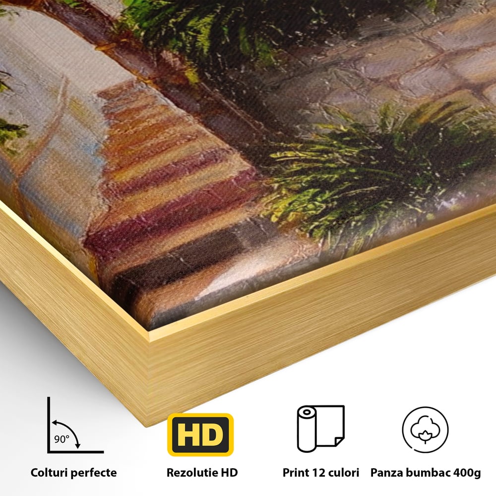 Leinwandbilder Premium LuxCanva® A1247, Wand mit Blumen , Dekorativ, Wohnen, Wohnzimmer, Bunte Blumen, Arkade, Treppe, Sommer, Schlafzimmer, Treppe, Lebendige Farben