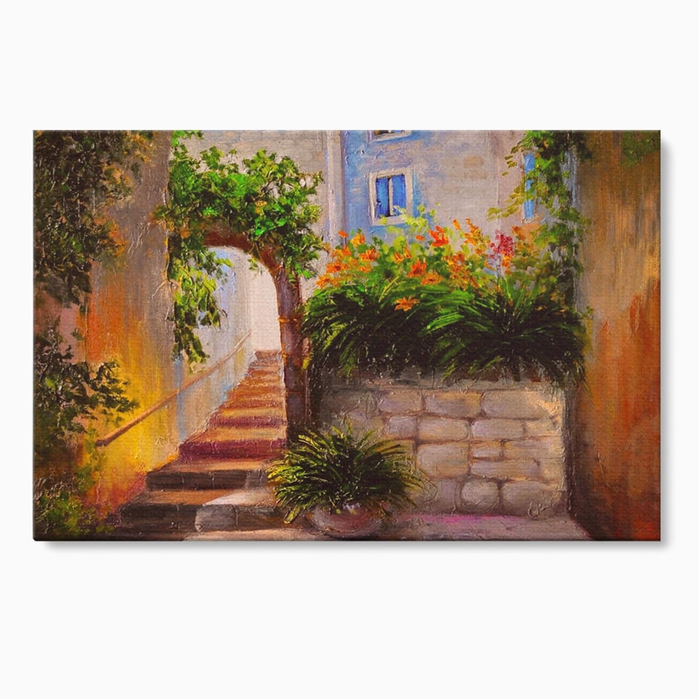 Leinwandbilder Premium LuxCanva® A1247, Wand mit Blumen , Dekorativ, Wohnen, Wohnzimmer, Bunte Blumen, Arkade, Treppe, Sommer, Schlafzimmer, Treppe, Lebendige Farben