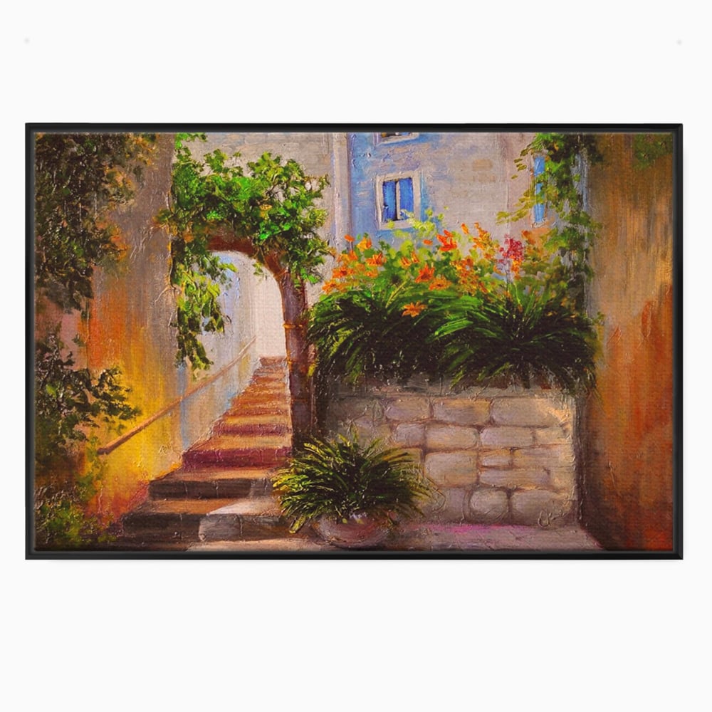 Leinwandbilder Premium LuxCanva® A1247, Wand mit Blumen , Dekorativ, Wohnen, Wohnzimmer, Bunte Blumen, Arkade, Treppe, Sommer, Schlafzimmer, Treppe, Lebendige Farben