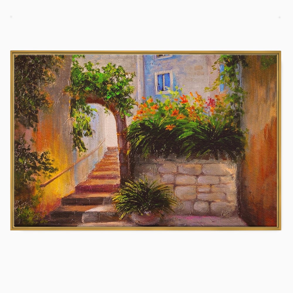 Leinwandbilder Premium LuxCanva® A1247, Wand mit Blumen , Dekorativ, Wohnen, Wohnzimmer, Bunte Blumen, Arkade, Treppe, Sommer, Schlafzimmer, Treppe, Lebendige Farben