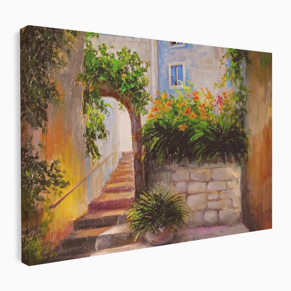 Leinwandbilder Premium LuxCanva® A1247, Wand mit Blumen , Dekorativ, Wohnen, Wohnzimmer, Bunte Blumen, Arkade, Treppe, Sommer, Schlafzimmer, Treppe, Lebendige Farben