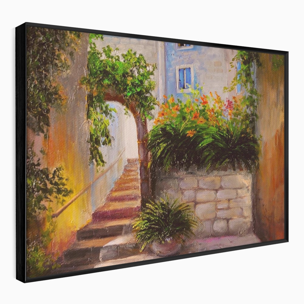 Leinwandbilder Premium LuxCanva® A1247, Wand mit Blumen , Dekorativ, Wohnen, Wohnzimmer, Bunte Blumen, Arkade, Treppe, Sommer, Schlafzimmer, Treppe, Lebendige Farben