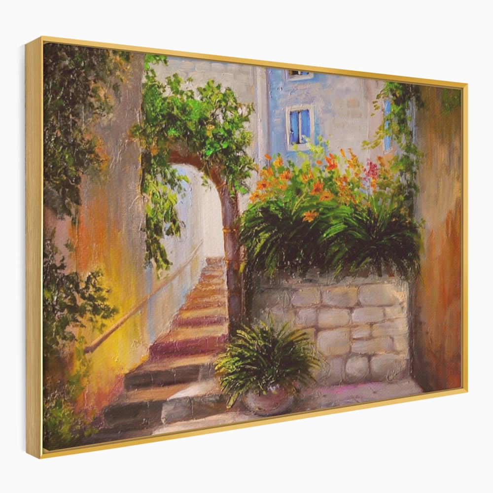 Leinwandbilder Premium LuxCanva® A1247, Wand mit Blumen , Dekorativ, Wohnen, Wohnzimmer, Bunte Blumen, Arkade, Treppe, Sommer, Schlafzimmer, Treppe, Lebendige Farben