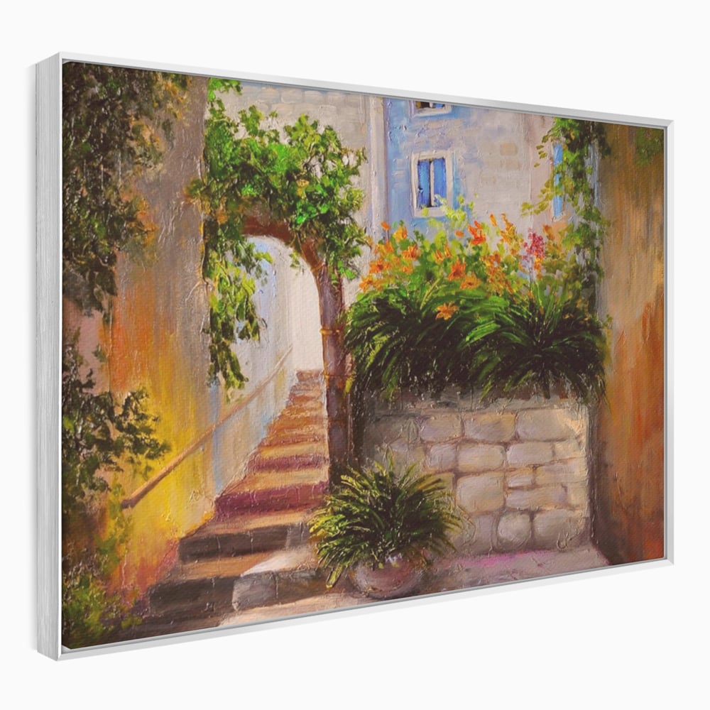 Leinwandbilder Premium LuxCanva® A1247, Wand mit Blumen , Dekorativ, Wohnen, Wohnzimmer, Bunte Blumen, Arkade, Treppe, Sommer, Schlafzimmer, Treppe, Lebendige Farben