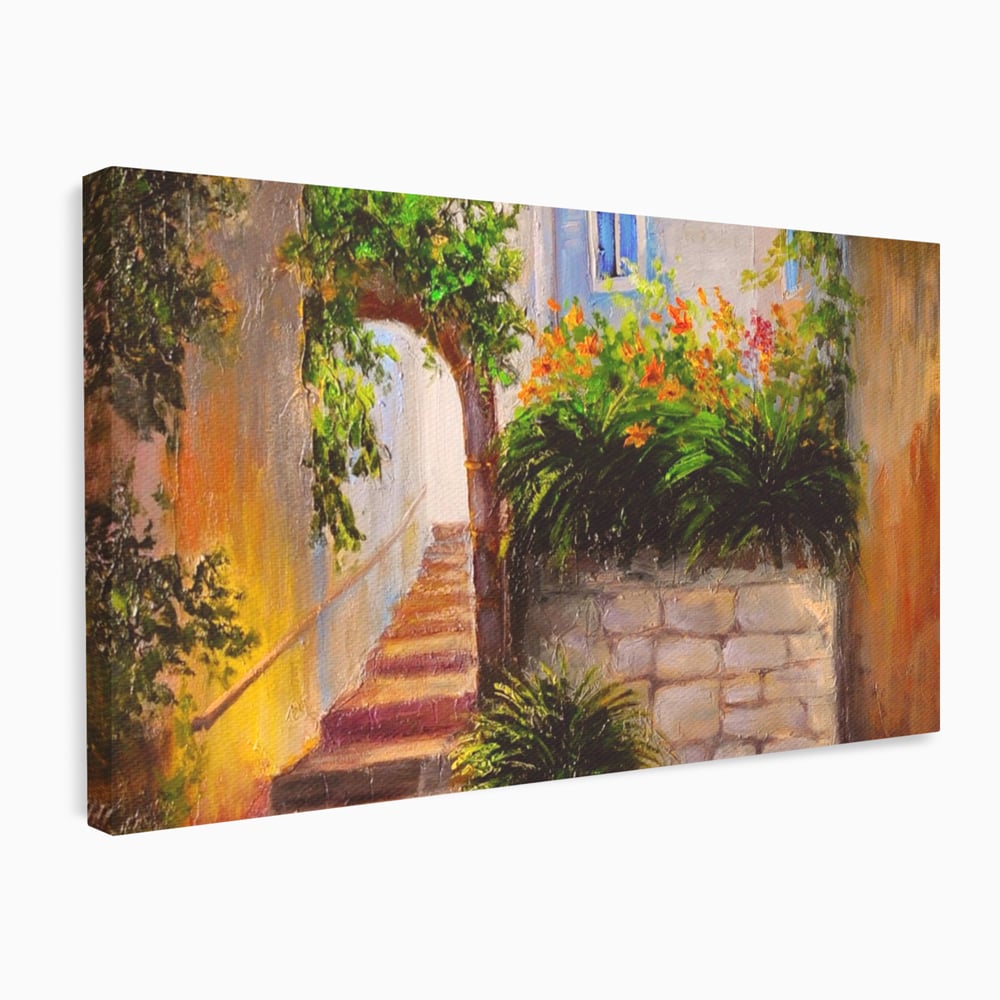 Leinwandbilder Premium LuxCanva® A1247, Wand mit Blumen , Dekorativ, Wohnen, Wohnzimmer, Bunte Blumen, Arkade, Treppe, Sommer, Schlafzimmer, Treppe, Lebendige Farben