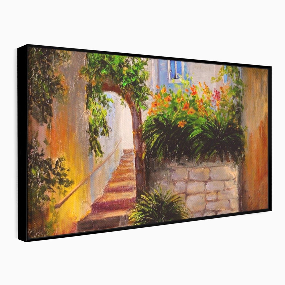 Leinwandbilder Premium LuxCanva® A1247, Wand mit Blumen , Dekorativ, Wohnen, Wohnzimmer, Bunte Blumen, Arkade, Treppe, Sommer, Schlafzimmer, Treppe, Lebendige Farben