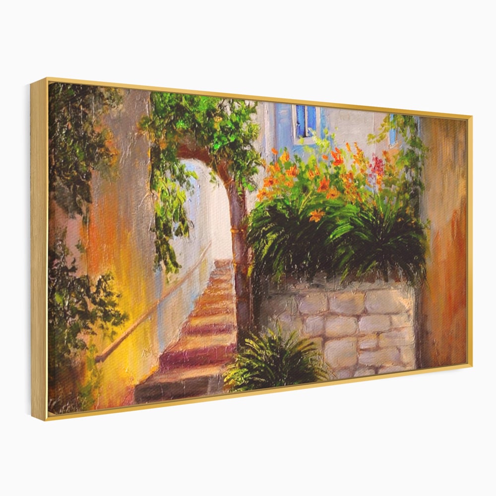 Leinwandbilder Premium LuxCanva® A1247, Wand mit Blumen , Dekorativ, Wohnen, Wohnzimmer, Bunte Blumen, Arkade, Treppe, Sommer, Schlafzimmer, Treppe, Lebendige Farben