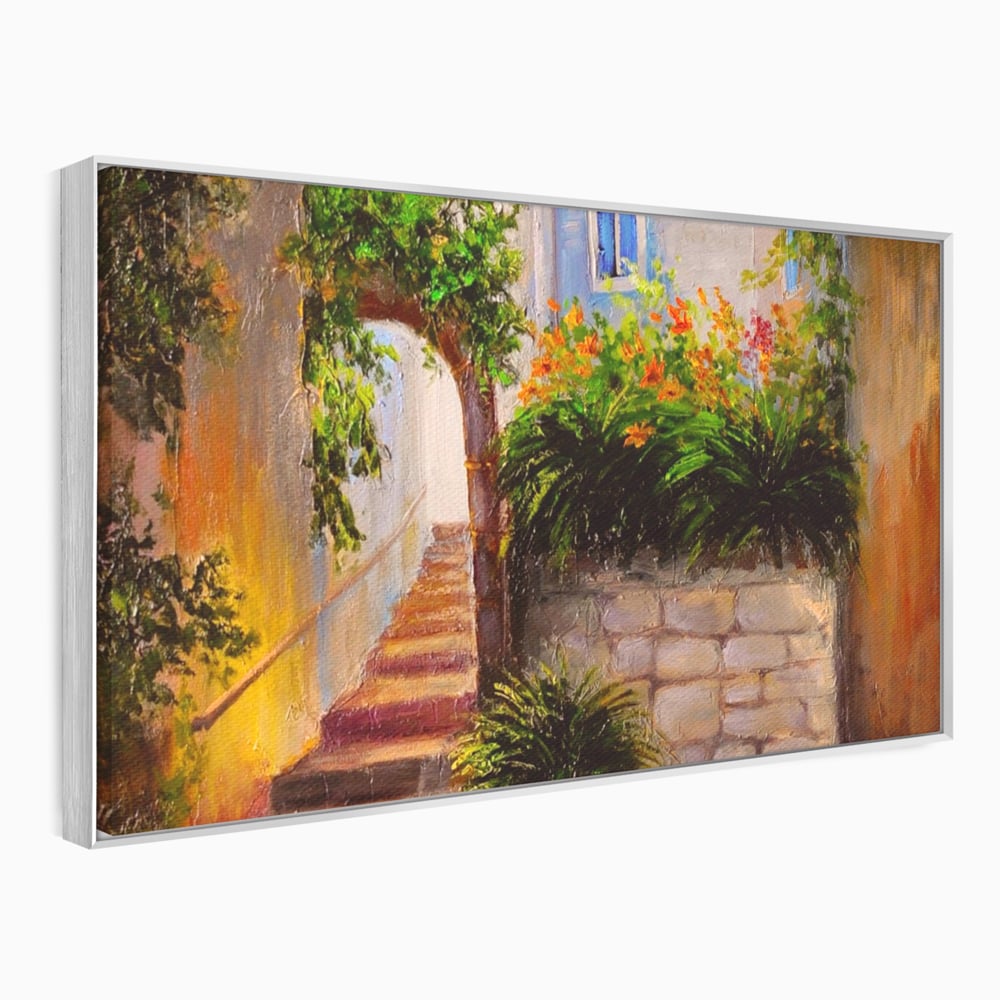 Leinwandbilder Premium LuxCanva® A1247, Wand mit Blumen , Dekorativ, Wohnen, Wohnzimmer, Bunte Blumen, Arkade, Treppe, Sommer, Schlafzimmer, Treppe, Lebendige Farben