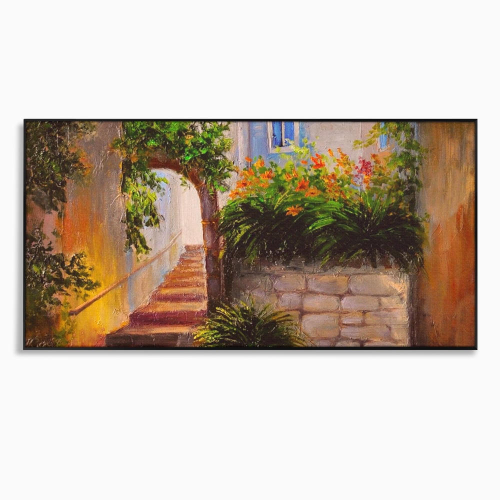 Leinwandbilder Premium LuxCanva® A1247, Wand mit Blumen , Dekorativ, Wohnen, Wohnzimmer, Bunte Blumen, Arkade, Treppe, Sommer, Schlafzimmer, Treppe, Lebendige Farben