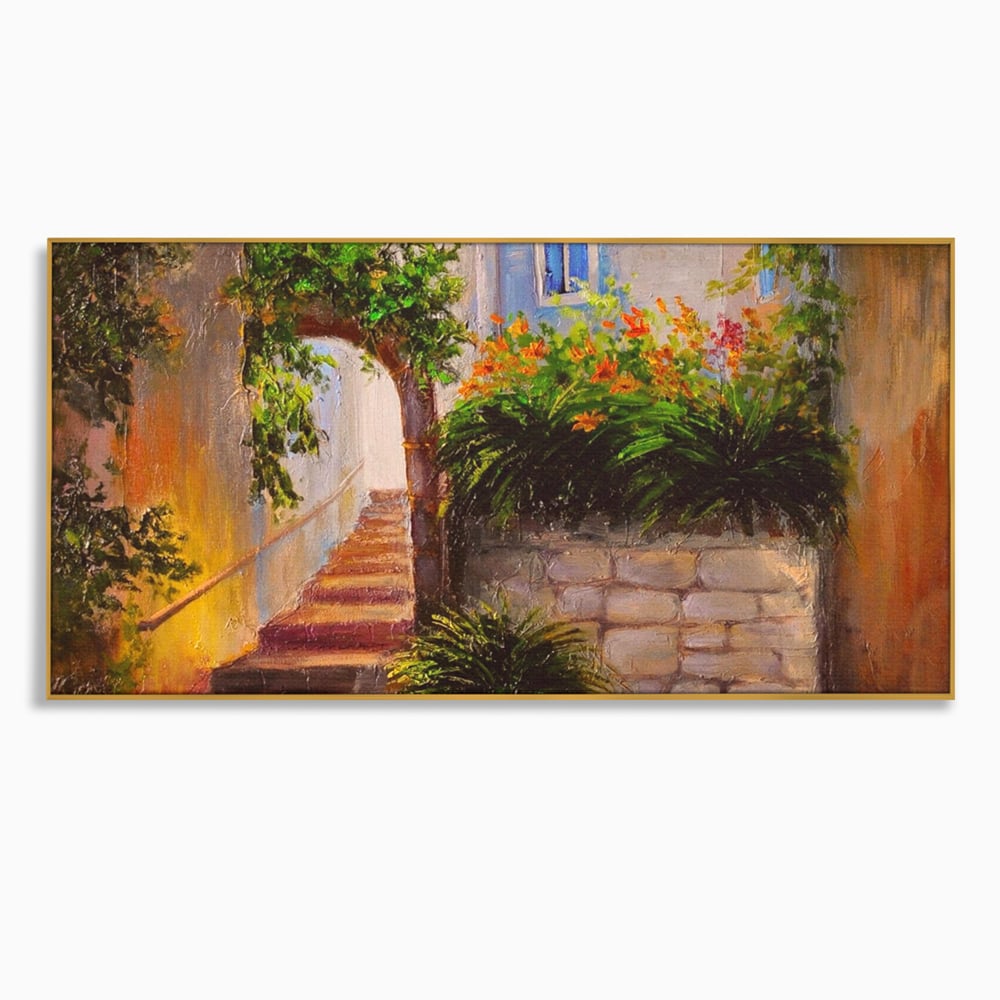 Leinwandbilder Premium LuxCanva® A1247, Wand mit Blumen , Dekorativ, Wohnen, Wohnzimmer, Bunte Blumen, Arkade, Treppe, Sommer, Schlafzimmer, Treppe, Lebendige Farben