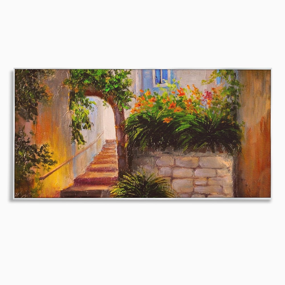 Leinwandbilder Premium LuxCanva® A1247, Wand mit Blumen , Dekorativ, Wohnen, Wohnzimmer, Bunte Blumen, Arkade, Treppe, Sommer, Schlafzimmer, Treppe, Lebendige Farben