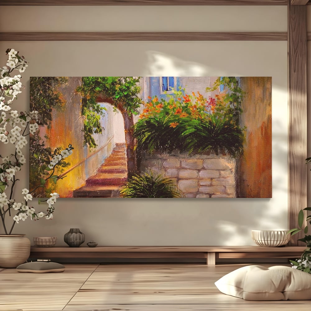 Leinwandbilder Premium LuxCanva® A1247, Wand mit Blumen , Dekorativ, Wohnen, Wohnzimmer, Bunte Blumen, Arkade, Treppe, Sommer, Schlafzimmer, Treppe, Lebendige Farben