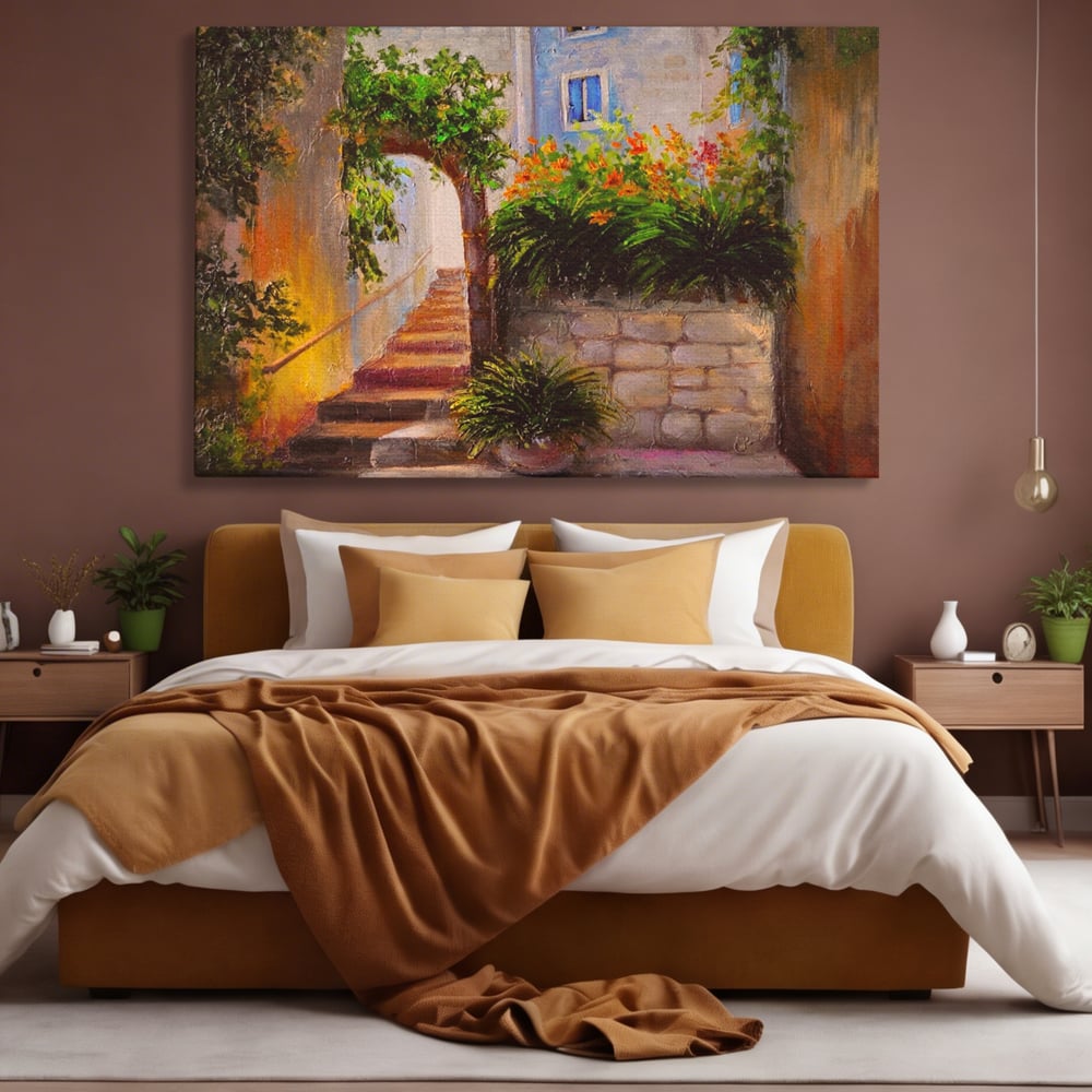 Leinwandbilder Premium LuxCanva® A1247, Wand mit Blumen , Dekorativ, Wohnen, Wohnzimmer, Bunte Blumen, Arkade, Treppe, Sommer, Schlafzimmer, Treppe, Lebendige Farben