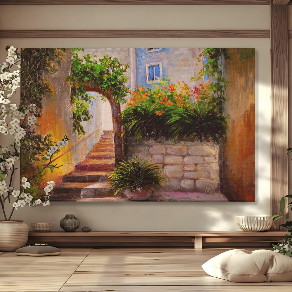 Leinwandbilder Premium LuxCanva® A1247, Wand mit Blumen , Dekorativ, Wohnen, Wohnzimmer, Bunte Blumen, Arkade, Treppe, Sommer, Schlafzimmer, Treppe, Lebendige Farben