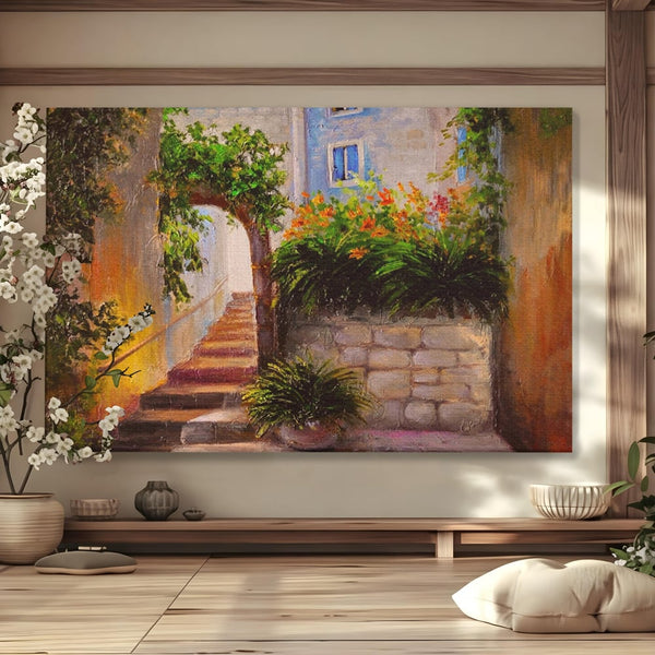 Leinwandbilder Premium LuxCanva® A1247, Wand mit Blumen , Dekorativ, Wohnen, Wohnzimmer, Bunte Blumen, Arkade, Treppe, Sommer, Schlafzimmer, Treppe, Lebendige Farben