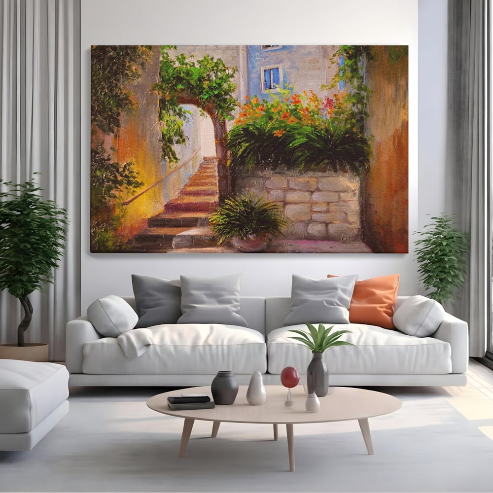 Leinwandbilder Premium LuxCanva® A1247, Wand mit Blumen , Dekorativ, Wohnen, Wohnzimmer, Bunte Blumen, Arkade, Treppe, Sommer, Schlafzimmer, Treppe, Lebendige Farben